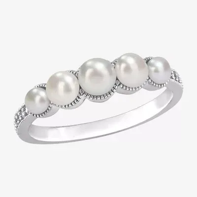 Womens Diamond Accent 4.5MM White Cultured Freshwater Pearl 14K Gold Cocktail Ring