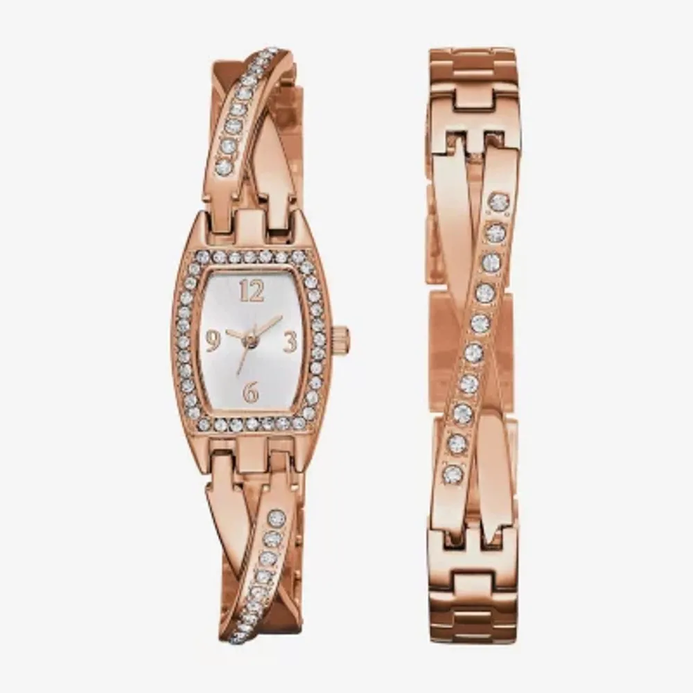 Geneva Womens Rose Gold-Tone Bangle Watch Boxed Set