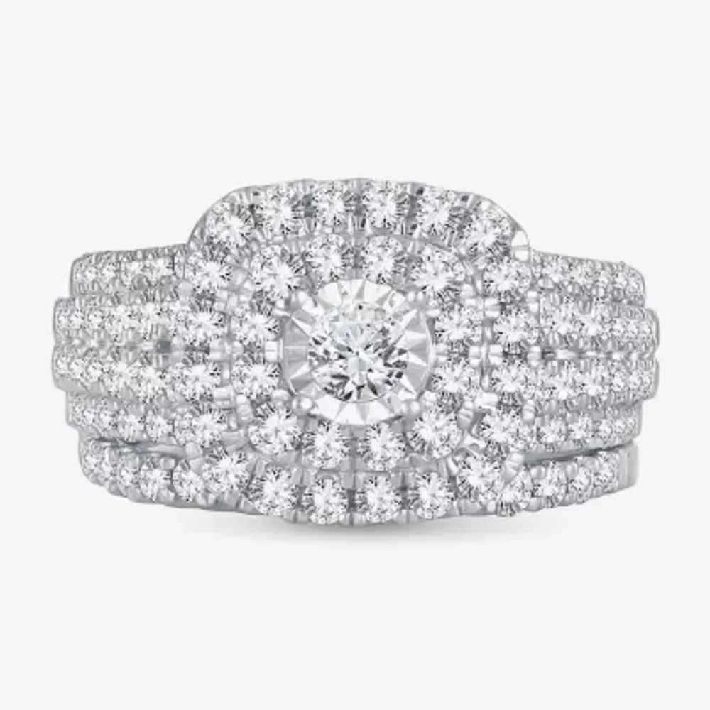 2 CT.T.W. Natural Diamond Cushion Shape Side Stone Halo Bridal Set 10K or 14K White Gold