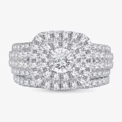 2 CT.T.W. Natural Diamond Cushion Shape Side Stone Halo Bridal Set 10K or 14K White Gold