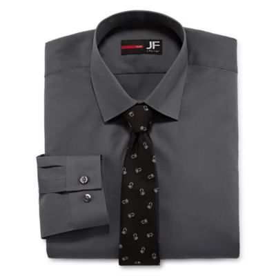 J. Ferrar Mens Spread Collar Long Sleeve Slim Dress Shirt + Tie Set