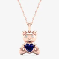 Gender Reveal Teddy Bear Womens Lab Created Sapphire 14K Rose Gold Over Silver Pendant Necklace