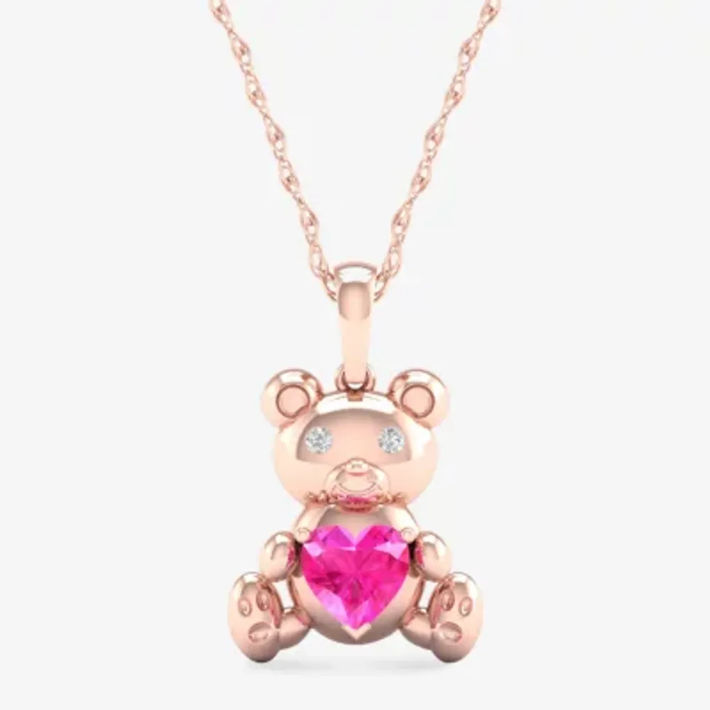 Gender Reveal Teddy Bear Womens Lab Created Pink Sapphire 14K Rose Gold Over Silver Pendant Necklace