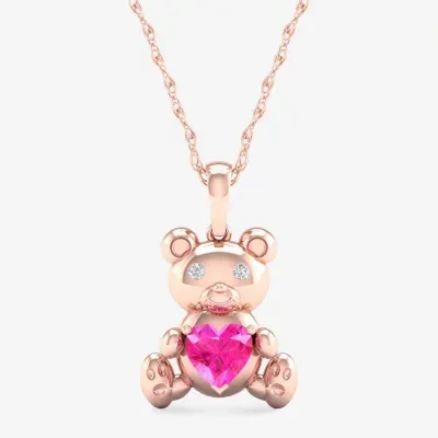 Gender Reveal Teddy Bear Womens Lab Created Pink Sapphire 14K Rose Gold Over Silver Pendant Necklace