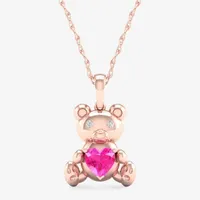 Gender Reveal Teddy Bear Womens Lab Created Sapphire 14K Rose Gold Over Silver Pendant Necklace