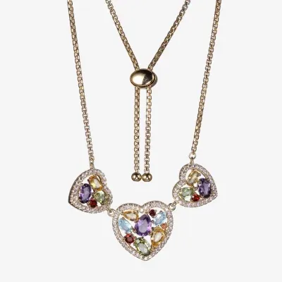 Womens Genuine Multi Color Stone 18K Gold Over Silver Heart Pendant Necklace