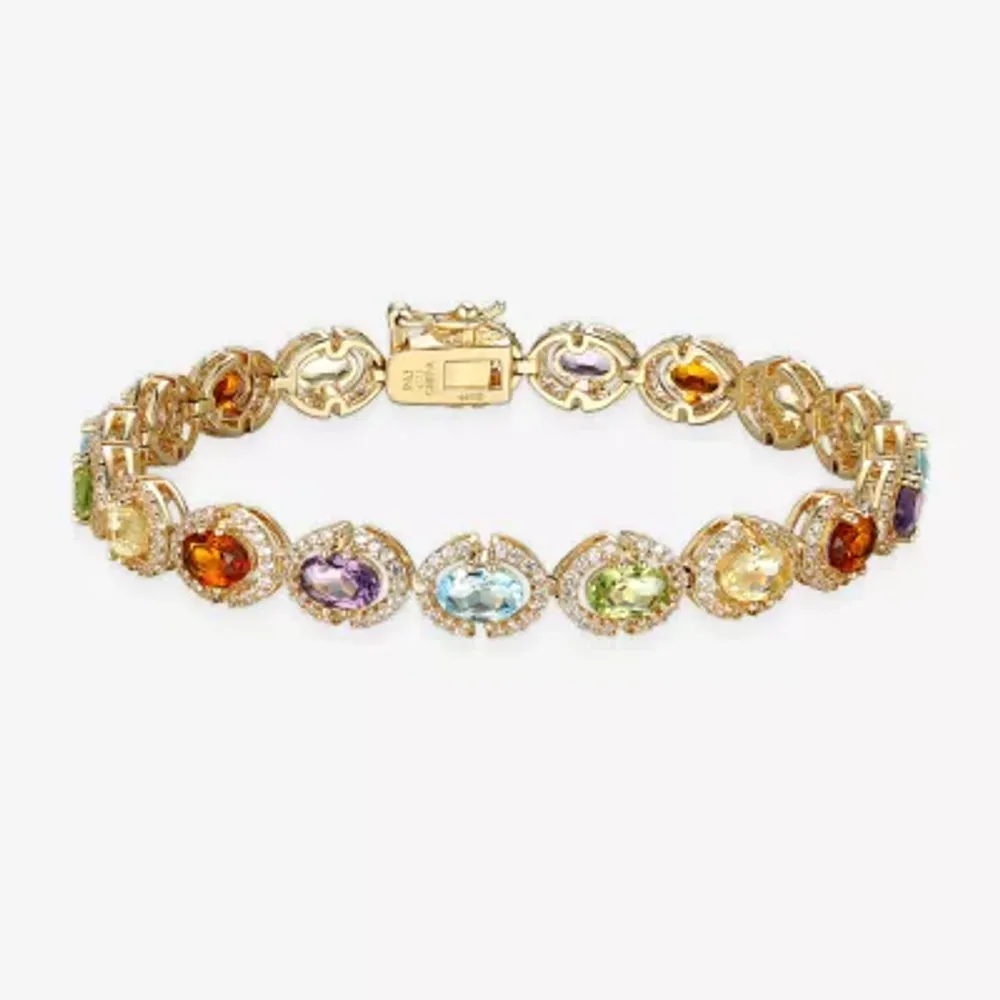 Genuine Multi Color Stone 18K Gold Over Silver Tennis Bracelet