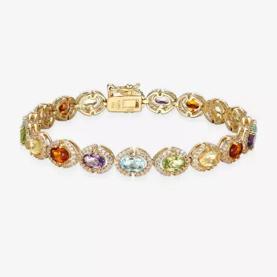 Genuine Multi Color Stone 18K Gold Over Silver Tennis Bracelet