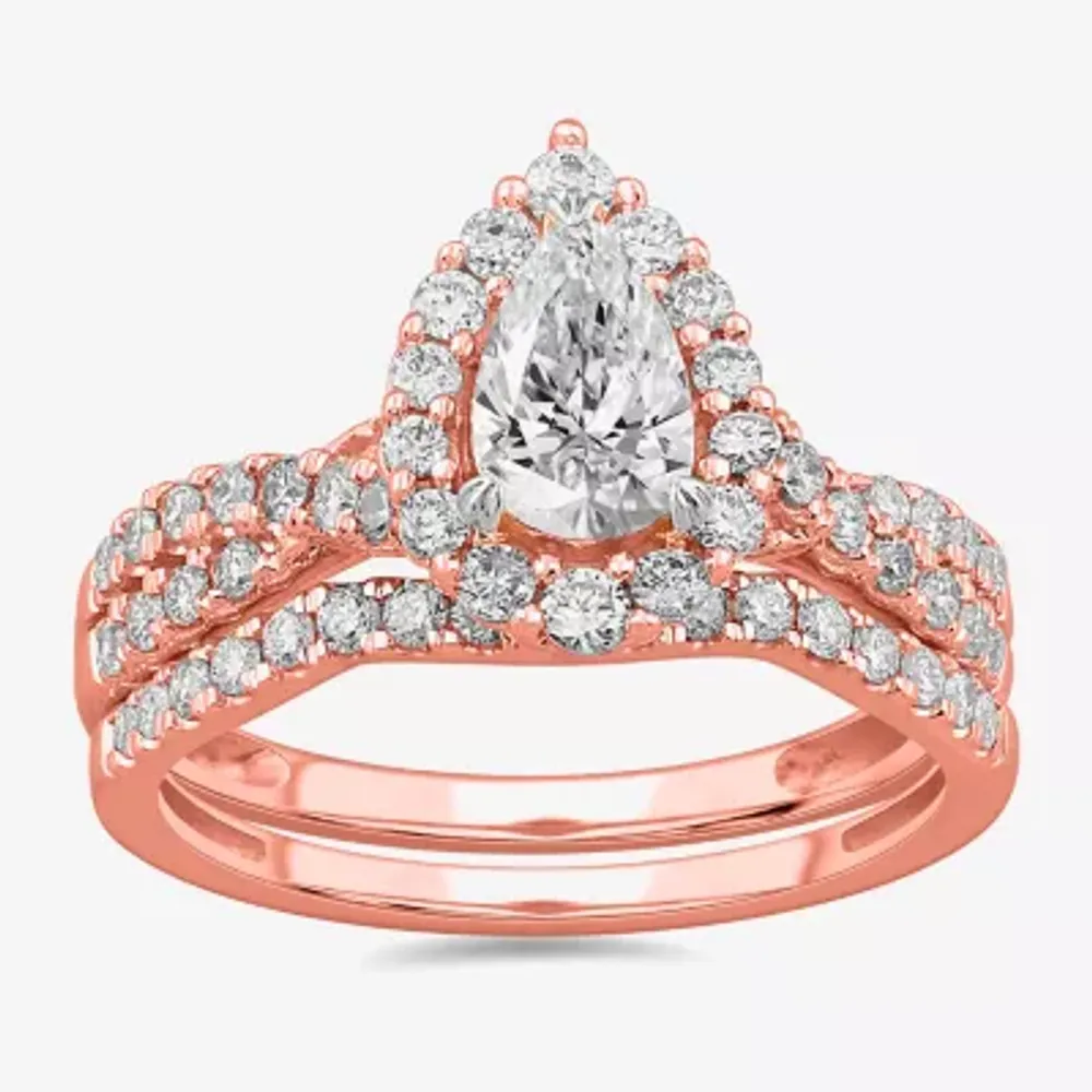 Signature By Modern Bride (G-H / Si1-Si2) Womens 1 1/3 CT. T.W. Lab Grown White Diamond 10K Rose Gold Pear Side Stone Bridal Set