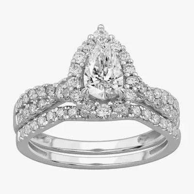 Signature By Modern Bride (G-H / Si1-Si2) Womens 1 1/3 CT. T.W. Lab Grown White Diamond 10K Gold Pear Side Stone Halo Bridal Set