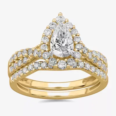 Signature By Modern Bride (G-H / Si1-Si2) Womens 1 1/3 CT. T.W. Lab Grown White Diamond 10K Gold Pear Side Stone Bridal Set