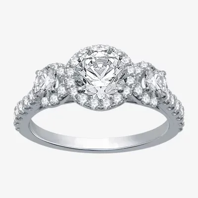 (H-I / I1) Womens 2 CT. T.W. Lab Grown White Diamond 10K Gold 3-Stone Halo Engagement Ring