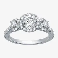 (H-I / I1) Womens 2 CT. T.W. Lab Grown White Diamond 10K Gold 3-Stone Halo Engagement Ring