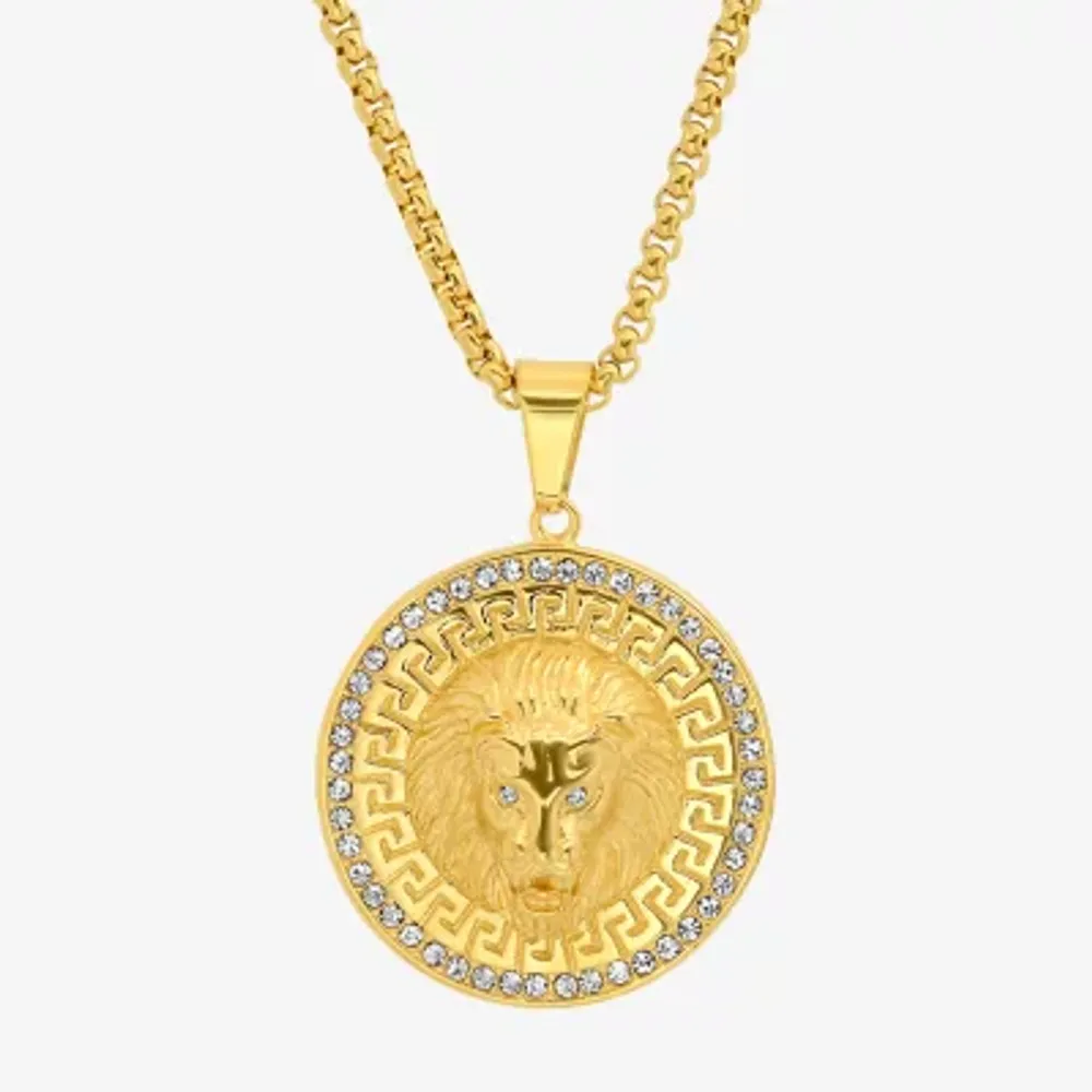 Steeltime Lion Mens Cubic Zirconia 18K Gold Over Stainless Steel Round Pendant Necklace