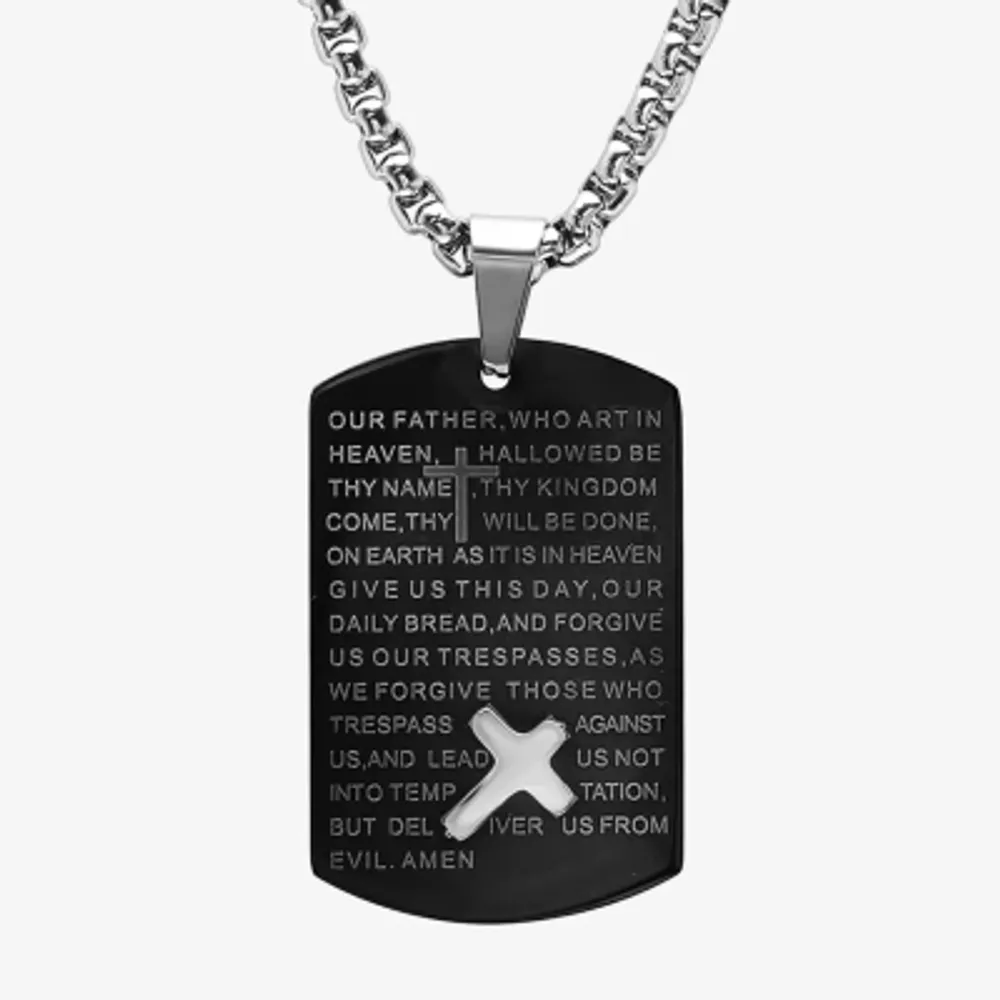 Steeltime Lord'S Prayer Mens Stainless Steel Cross Dog Tag Pendant Necklace