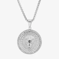 Steeltime Lion Mens Cubic Zirconia Stainless Steel Round Pendant Necklace