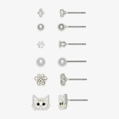 Mixit Silver Tone Cat & Paws 6 Pair Cubic Zirconia Earring Set