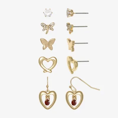 Mixit 5 Pair Cubic Zirconia Butterfly Heart Earring Set