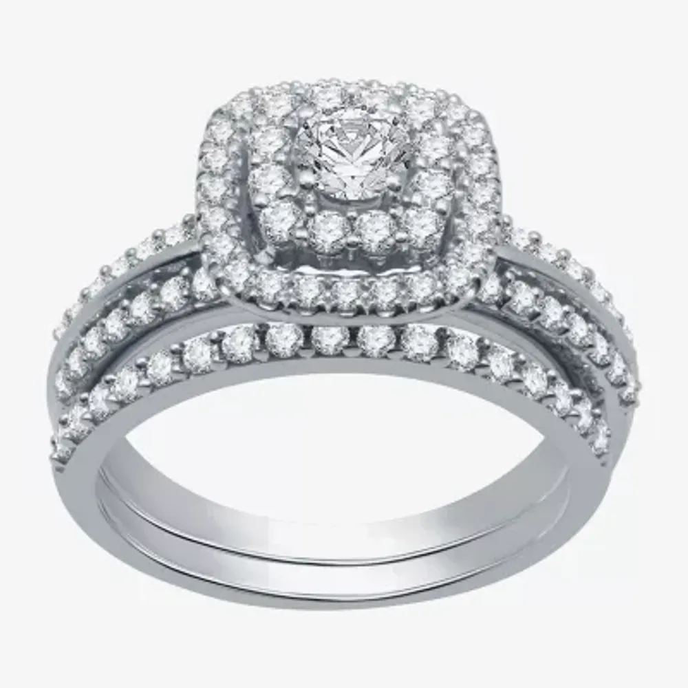 Signature By Modern Bride Womens 1 1/4 CT. T.W. Natural Diamond 10K White Gold Cushion Side Stone Halo Bridal Set