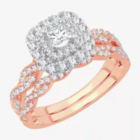 Signature By Modern Bride 1 CT.T.W. Natural Diamond Cushion Shape Side Stone Halo Bridal Set 10K or 14K Gold