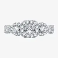 (H-I / I1) Womens 1 CT. T.W. Lab Grown White Diamond 10K Gold Cushion 3-Stone Halo Engagement Ring