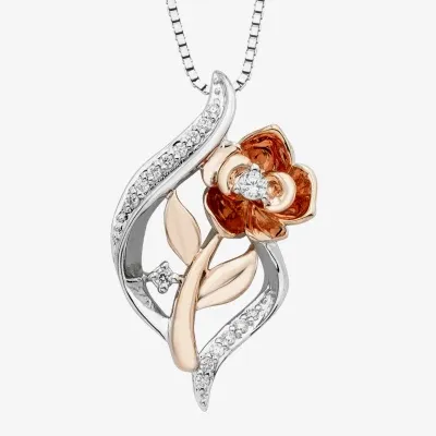 Enchanted Disney Fine Jewelry Womens 1/10 CT. T.W. Mined White Diamond Sterling Silver Flower Beauty and the Beast Belle Princess Pendant Necklace