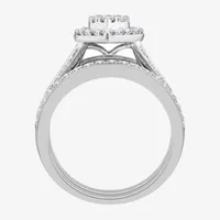 Womens 1 1/2 CT. T.W. Natural White Diamond 10K White Gold Marquise Side Stone Halo Bridal Set