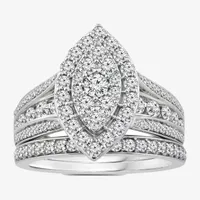 Womens 1 1/2 CT. T.W. Natural White Diamond 10K White Gold Marquise Side Stone Halo Bridal Set