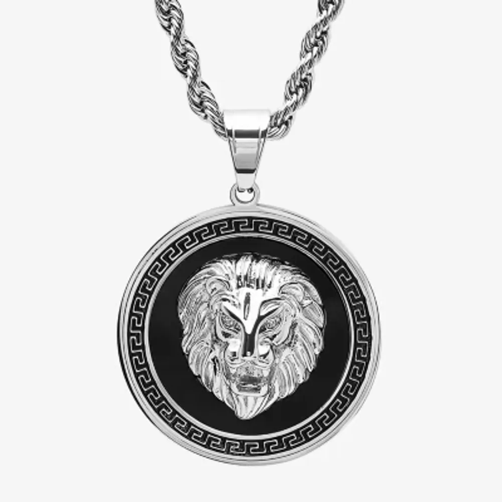 Steeltime Lion Mens Cubic Zirconia Stainless Steel Round Pendant Necklace