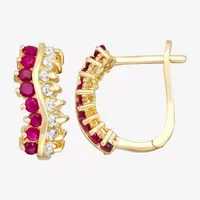 Lead Glass-Filled Red Ruby & 1/3 CT. T.W. Genuine White Diamond 10K Gold 14mm Hoop Earrings