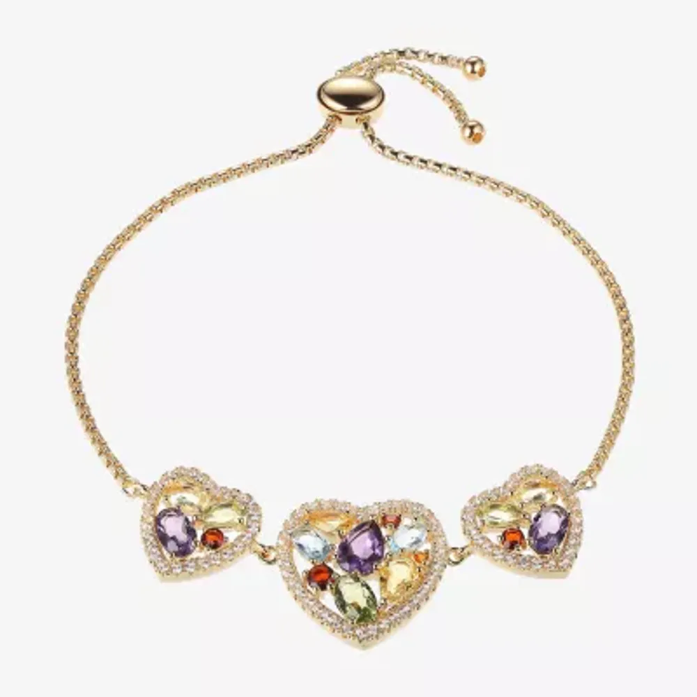 Genuine Multi Color Stone 18K Gold Over Silver Heart Bolo Bracelet