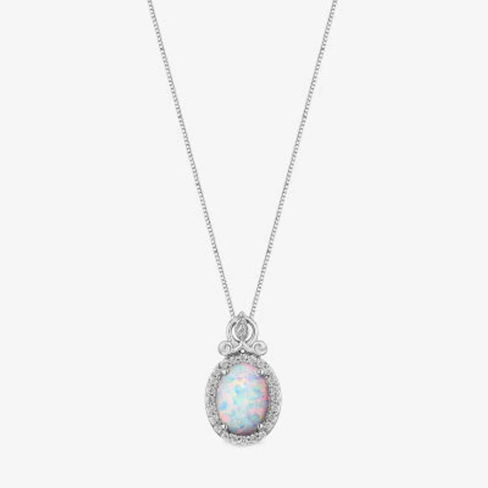 Enchanted Disney Fine Jewelry 1/10 CT. T.W. Diamond and Lab-Created Opal "Cinderella" Sterling Silver Pendant Necklace