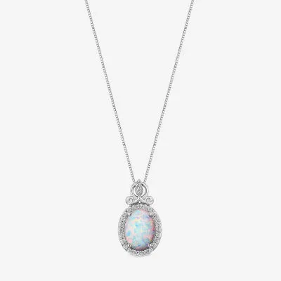 Enchanted Disney Fine Jewelry 1/10 CT. T.W. Diamond and Lab-Created Opal "Cinderella" Sterling Silver Pendant Necklace