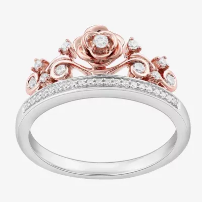 Enchanted Disney Fine Jewelry Womens 1/6 CT. T.W. Natural White Diamond Sterling Silver Flower Beauty and the Beast Belle Princess Cocktail Ring