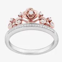 Enchanted Disney Fine Jewelry Womens 1/6 CT. T.W. Natural White Diamond Sterling Silver Flower Beauty and the Beast Belle Princess Cocktail Ring