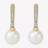 Diamond Accent White Cultured Freshwater Pearl 10K Gold Drop Earrings