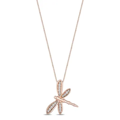Enchanted Disney Fine Jewelry Dragonfly Womens 1/10 CT. T.W. Natural White Diamond 14K Rose Gold Over Silver 18 Inch Pendant Necklace