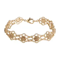 1928 Gold Tone Crystal 7 Inch Flower Link Bracelet