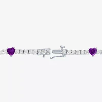 Genuine Purple Amethyst Pure Silver Over Brass Heart Tennis Bracelet