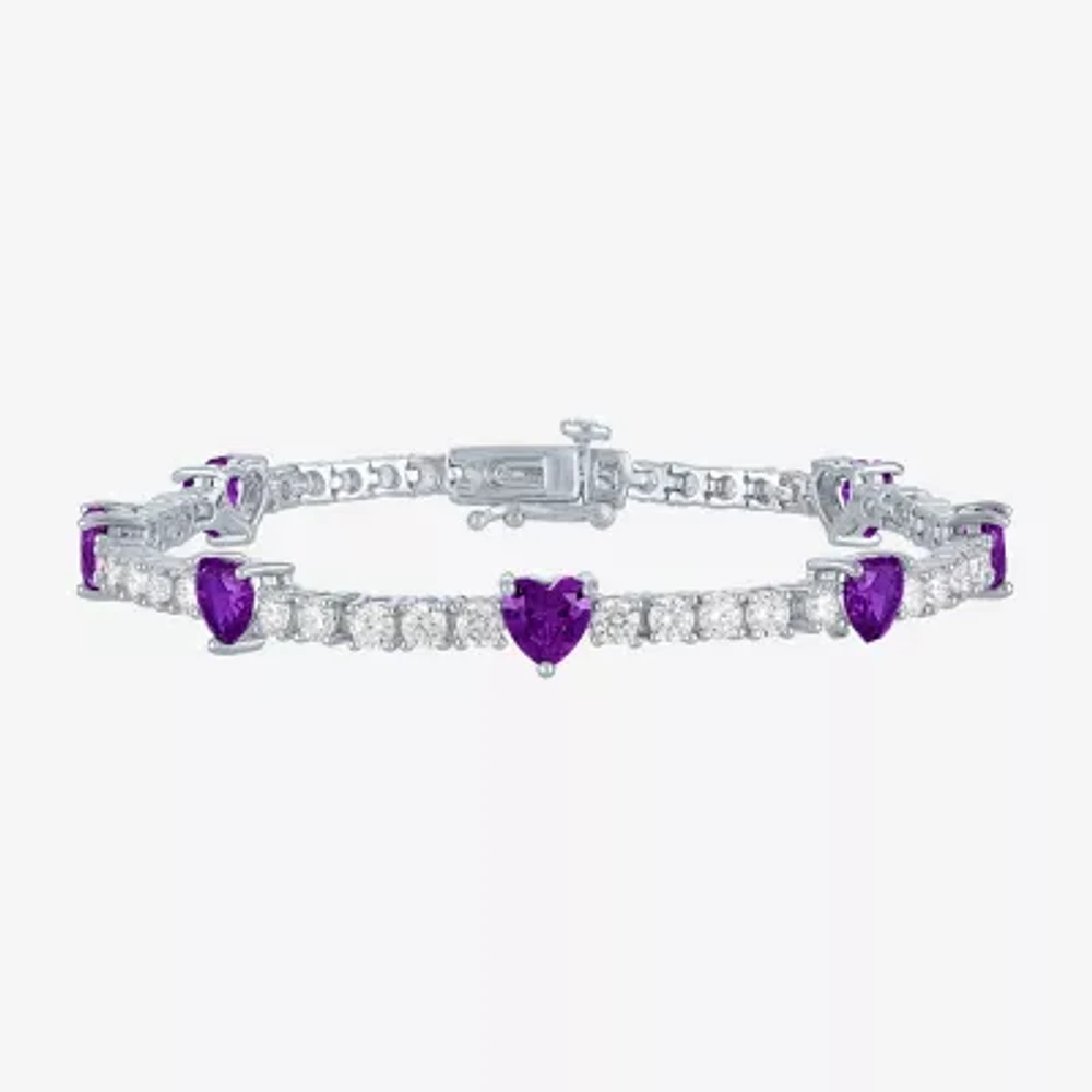 Genuine Purple Amethyst Pure Silver Over Brass Heart Tennis Bracelet