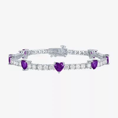 Genuine Purple Amethyst Pure Silver Over Brass Heart Tennis Bracelet