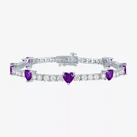 Genuine Purple Amethyst Pure Silver Over Brass Heart Tennis Bracelet