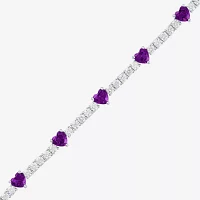 Genuine Purple Amethyst Pure Silver Over Brass Heart Tennis Bracelet