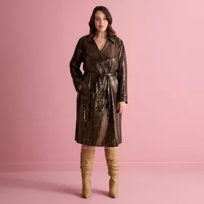 Bold Elements x Ally Brooke Womens Plus Belted Sequin Lightweight Trench Coat