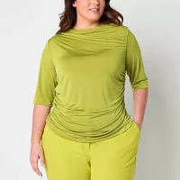 Worthington Plus Womens Boat Neck Long Sleeve Blouse