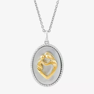 Mother And Baby Womens Genuine White Mother Of Pearl 10K Gold Sterling Silver Heart Round Pendant Necklace