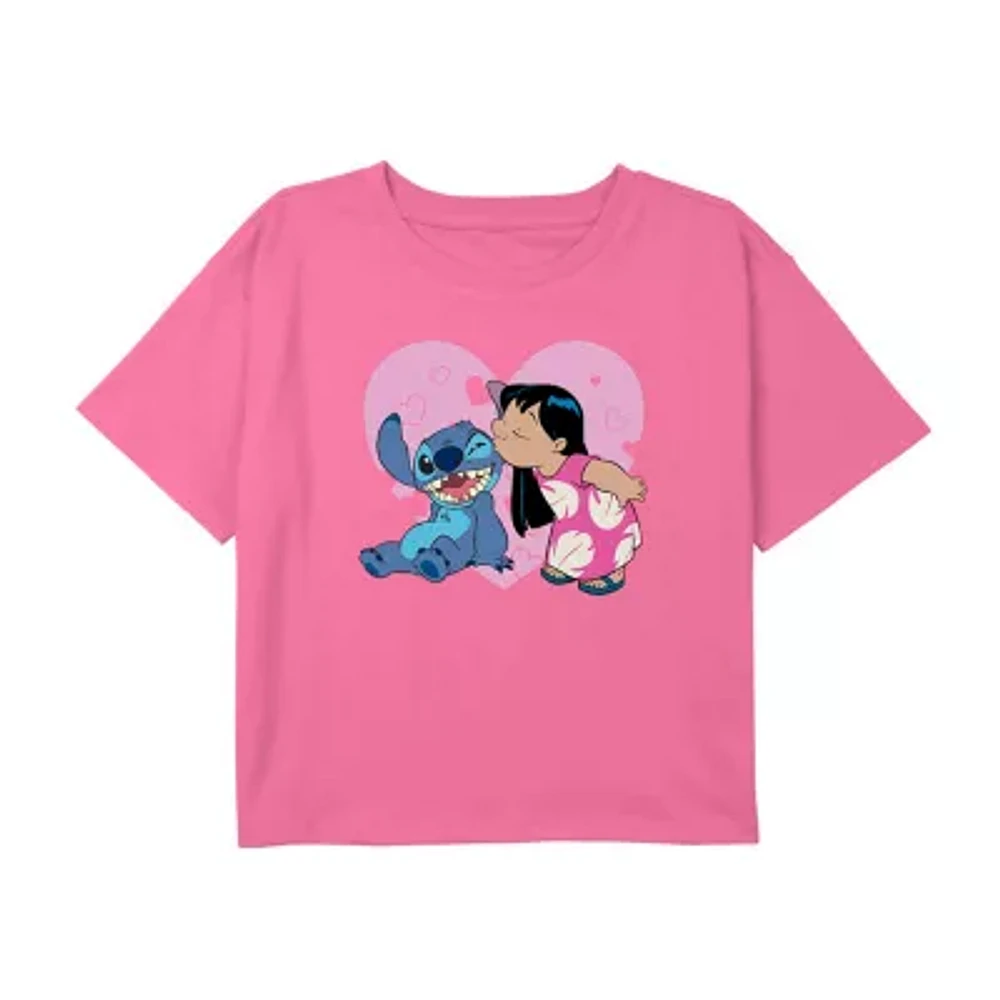 Disney Collection Little & Big Girls Crew Neck Short Sleeve Lilo Stitch Graphic T-Shirt