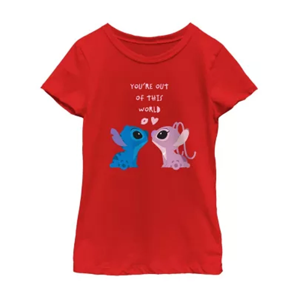 Disney Collection Little & Big Girls Crew Neck Short Sleeve Stitch Graphic T-Shirt