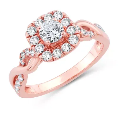 Womens Mined White Diamond 10K Gold Rose Cushion Engagement Ring