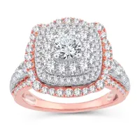 Womens 1/ CT. T.W. Mined White Diamond 10K Gold Rose Cushion Side Stone Halo Engagement Ring